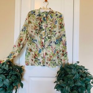 H&M Chiffon Long Sleeves Top Ruffled Floral Design in size 10